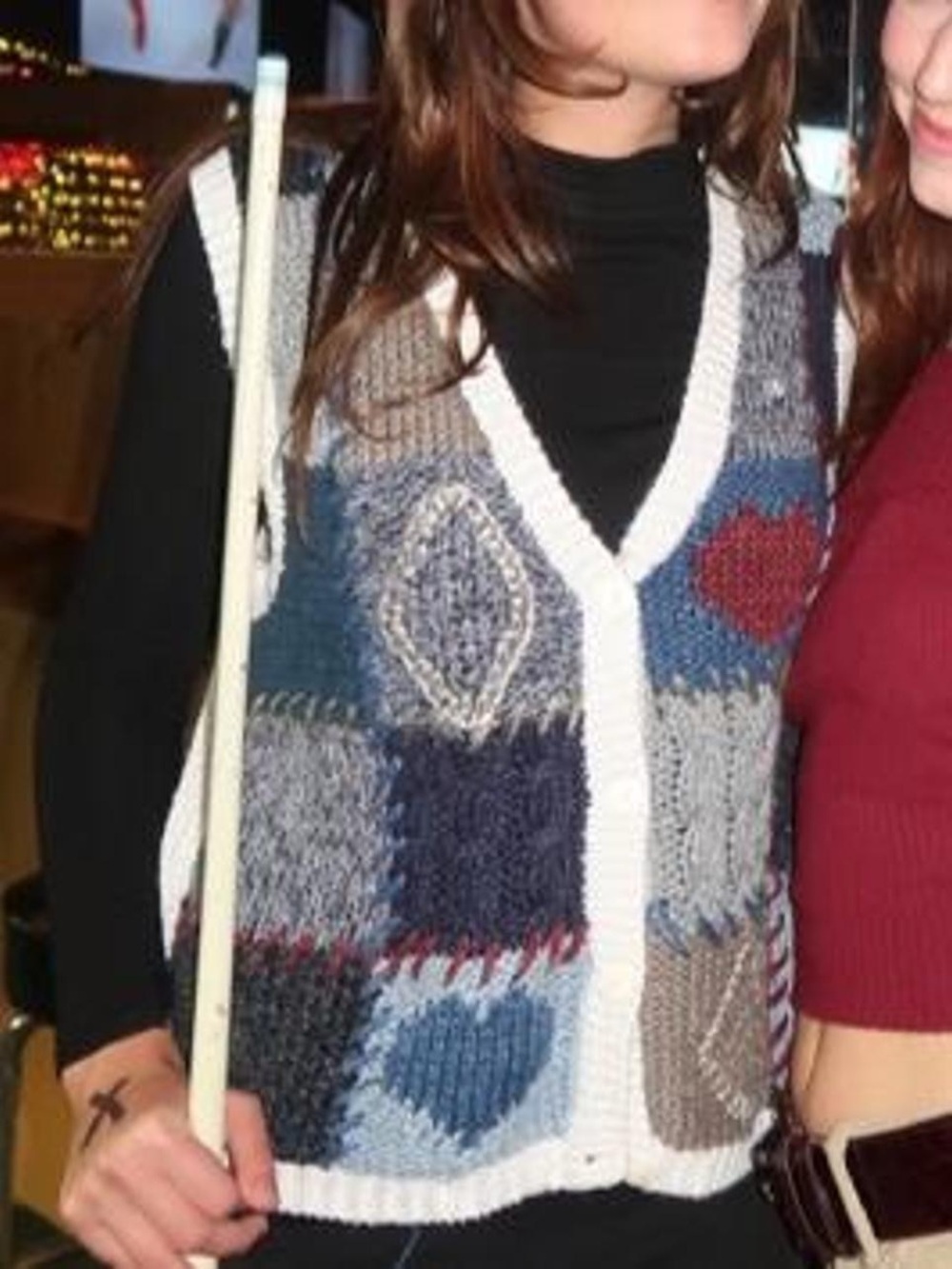 Patchwork Knit V-Neck Sweater Vest in Blue, Gray and Cream